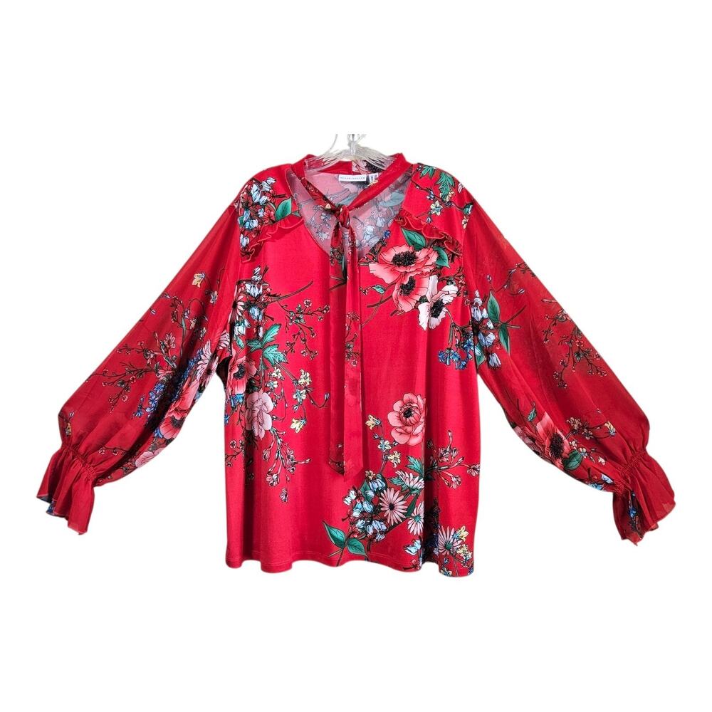 SUSAN GRAVER Plus 2X Tunic Blouse V-Neck Tie Red Floral Long Ruffle Sleeve 52"